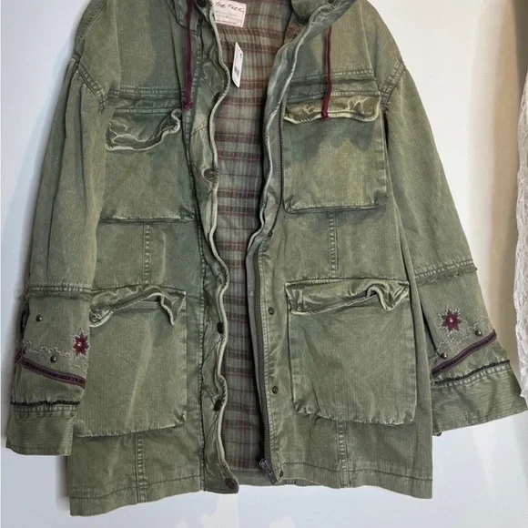 Free People “So Down” Military Olive Utility Jacket with Burgundy Details